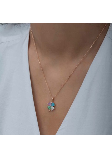 925 Ayar Gümüş Rose Renkli Taşlı Yonca Kadın Gümüş Kolye indirimleri