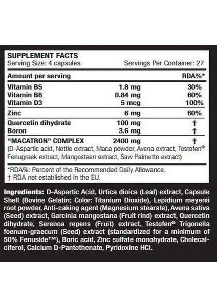 Nutrition Macatron (Daa Aspartic Acid+Boron+Maca+Testofen Fenu greek) 108 Capsules fiyatları