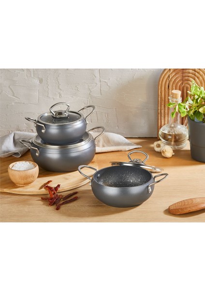 3554 6 Parça Bio Granit Mini Küre Mama ve Çorba Tencere Seti, Antrasit PTFE Kaplama, 12-16 cm, Ergonomik Saplı fiyatları