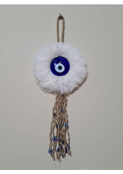 Beyaz Pelüş Dekoratif Nazarsüsü Ev ve Ofis Için Şık Modern Bohem Nazar Boncuklu Duvar Süsü Aksesuar