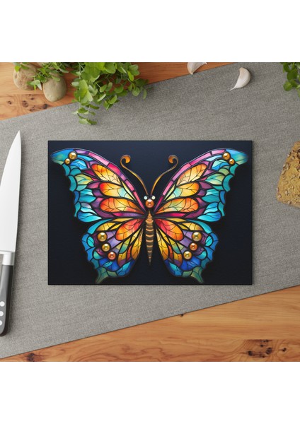 Kelebek Çizim Tasarımlı Temperli Cam Kesme Tahtası - Şık ve Dayanıklı