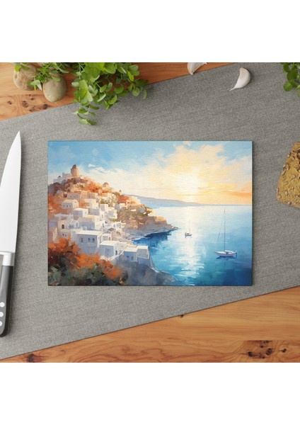 Santorini Tasarımlı Temperli Cam Kesme Tahtası - Şık, Çizilmez ve Temizlemesi Kolay
