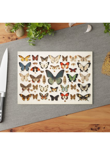 Butterfly Images Temperli Cam Kesme Tahtası Seti - Mutfak Için Şık Tasarım Kaymaz ve Çizilmez Yüzey