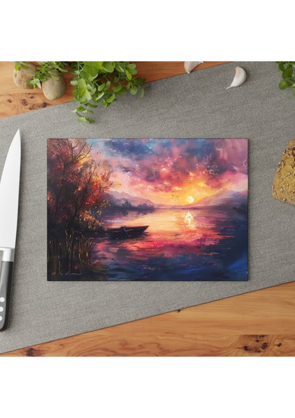 Renkli Peyzaj Temperli Cam Kesme Tahtası Seti - Şık Tasarım, Kaymaz Yüzey, Çizilmez