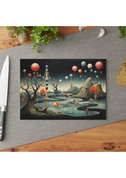 Sakin Peyzaj Temperli Cam Kesme Tahtası - Şık Tasarım, Kaymaz Yüzey, Çizilmez -