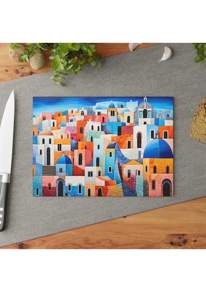 Şık Santorini Tasarım Temperli Cam Kesme Tahtası - Şık ve Dayanıklı Kaymaz
