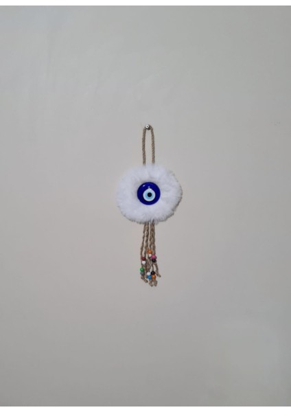 Beyaz Pelüş Dekoratif Nazarsüsü Ev ve Ofis Için Şık Modern Bohem Nazar Boncuklu Duvar Süsü Aksesuar