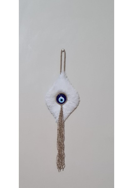 Beyaz Pelüş Dekoratif Nazarsüsü Ev ve Ofis Için Şık Modern Bohem Nazar Boncuklu Duvar Süsü Aksesuar