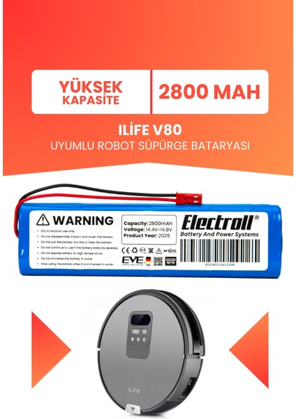 Ilife V80 Uyumlu Batarya (Yüksek Kapasite) 2800MAH Pil Robot Süpürge Batarya Değişimi