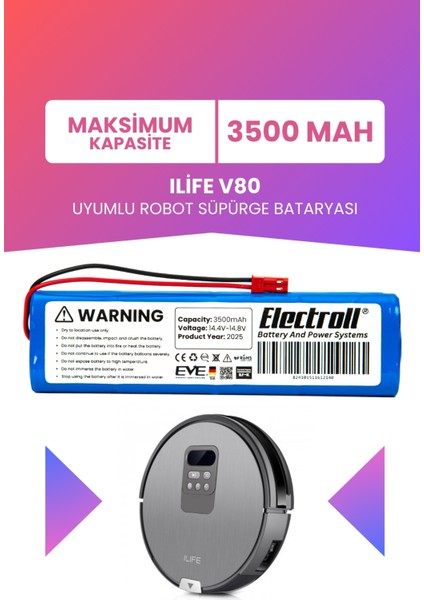 Ilife V80 Uyumlu Batarya (Maksimum Kapasite) 3500MAH Pil Robot Süpürge Batarya Değişimi