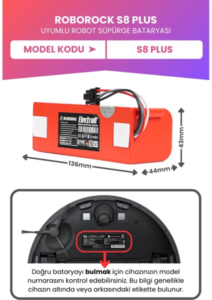 Roborock S8 Plus (Yüksek Kapasite) 7000MAH 14.4V Robot Süpürge Bataryası fiyatları