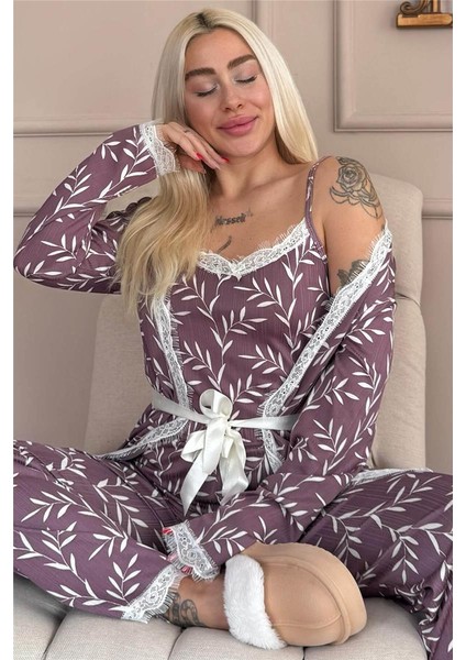 Mor Zeytin Dalı Desenli Sabahlıklı Pegasus Pijama Takımı