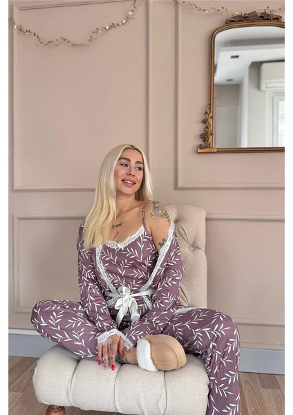 Mor Zeytin Dalı Desenli Sabahlıklı Pegasus Pijama Takımı