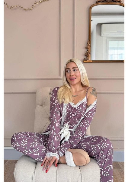 Mor Zeytin Dalı Desenli Sabahlıklı Pegasus Pijama Takımı