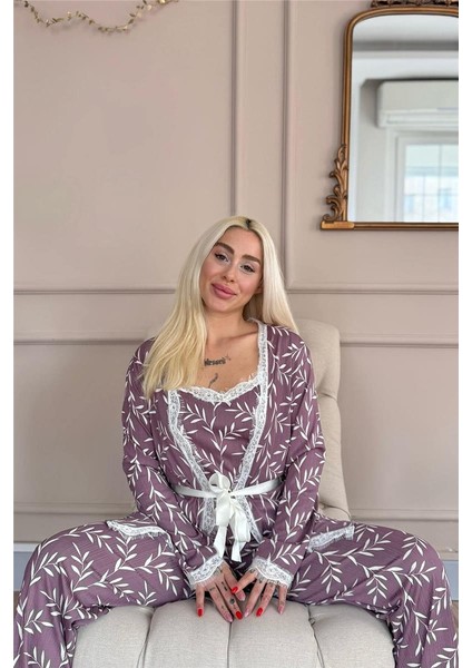 Mor Zeytin Dalı Desenli Sabahlıklı Pegasus Pijama Takımı