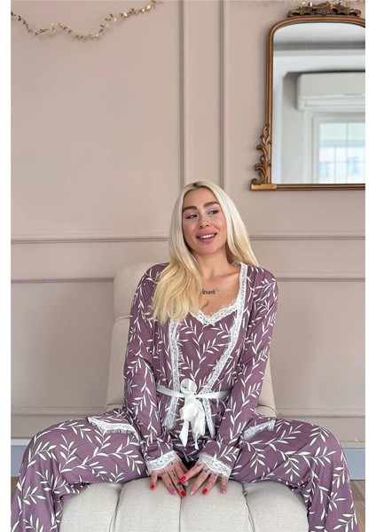 Mor Zeytin Dalı Desenli Sabahlıklı Pegasus Pijama Takımı