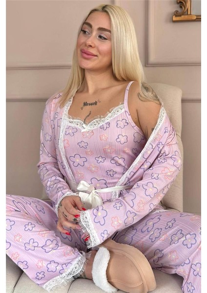 Pembe Çizgi Çiçek Desenli Sabahlıklı Pegasus Pijama Takımı