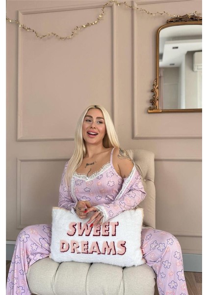 Pembe Çizgi Çiçek Desenli Sabahlıklı Pegasus Pijama Takımı fiyatları