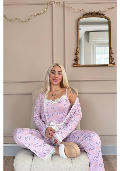 Pembe Çizgi Çiçek Desenli Sabahlıklı Pegasus Pijama Takımı modelleri