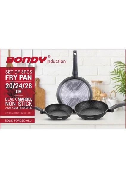 Düz Tava Seti 20/24/28 cm Siyah Mermer Yapışmaz Kaplama Ergonomik Saplı