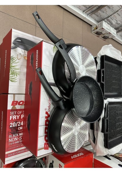 Düz Tava Seti 20/24/28 cm Siyah Mermer Yapışmaz Kaplama Ergonomik Saplı fiyatları