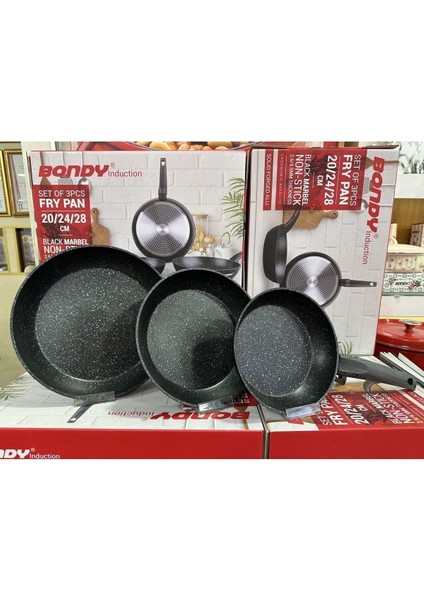 Düz Tava Seti 20/24/28 cm Siyah Mermer Yapışmaz Kaplama Ergonomik Saplı modelleri