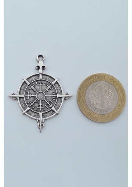 Viking Vegvisir Pusula Gümüş Kaplama Deri İp Kolye