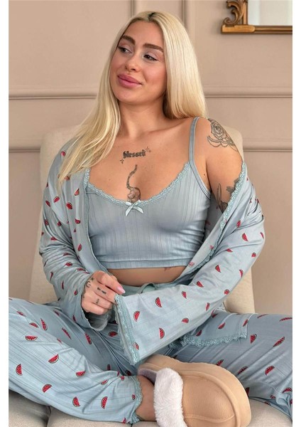 Aqua Melon Bliss Desenli Sabahlıklı Marlenka Pijama Takımı