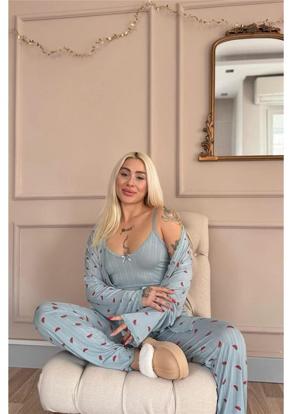 Aqua Melon Bliss Desenli Sabahlıklı Marlenka Pijama Takımı