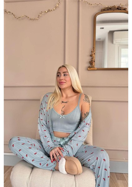 Aqua Melon Bliss Desenli Sabahlıklı Marlenka Pijama Takımı