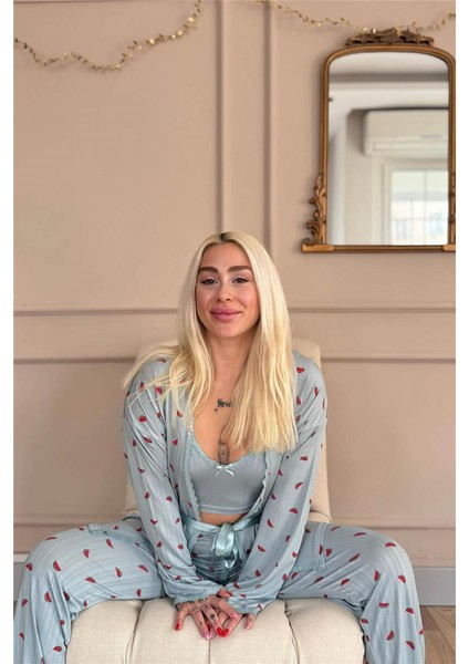 Aqua Melon Bliss Desenli Sabahlıklı Marlenka Pijama Takımı