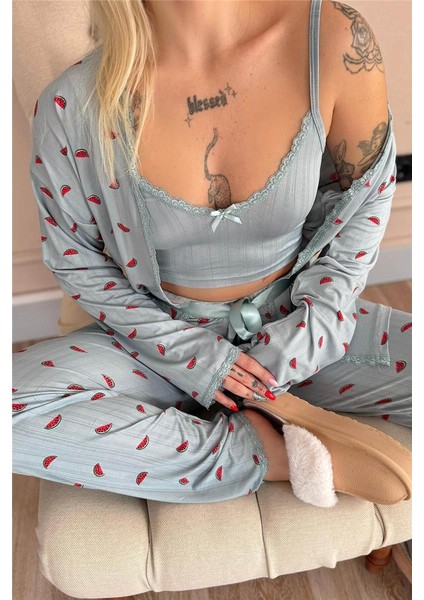 Aqua Melon Bliss Desenli Sabahlıklı Marlenka Pijama Takımı