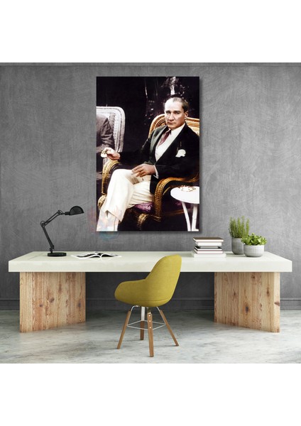 Kahve Içen Atatürk Görseli Renkli Atatürk Tablosu Dikey Kanvas Ev Ofis Tablosu