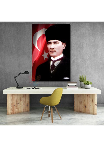 Atatürk ve Bayrak Kanvas Tablo Dikey Duvar Tablosu Ofis Ev Dekoru Atatürk Portresi