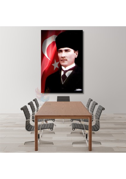 Atatürk ve Bayrak Kanvas Tablo Dikey Duvar Tablosu Ofis Ev Dekoru Atatürk Portresi