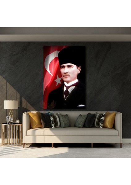 Atatürk ve Bayrak Kanvas Tablo Dikey Duvar Tablosu Ofis Ev Dekoru Atatürk Portresi
