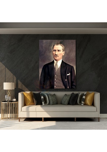 Renklendirilmiş Atatürk Kanvas Tablo Modeli Dikey Duvar Tablosu Ofis Ev Dekoru