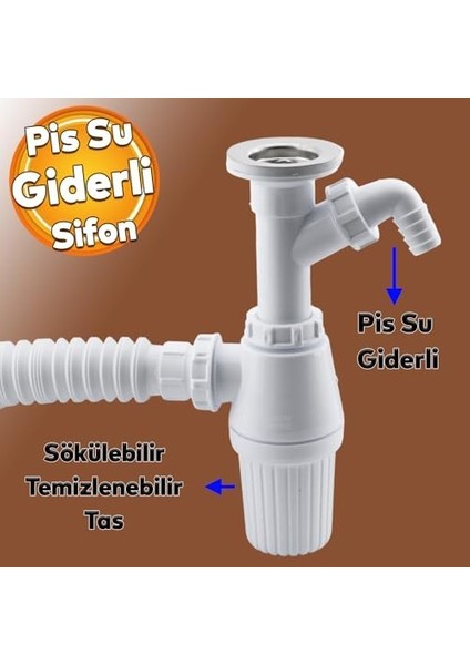 Çift Giderli Pis Su Sökülebilir Tas'lı Sifon Körüklü Temizlenebilir Mutfak Banyo Lavabo Borusu Gideri