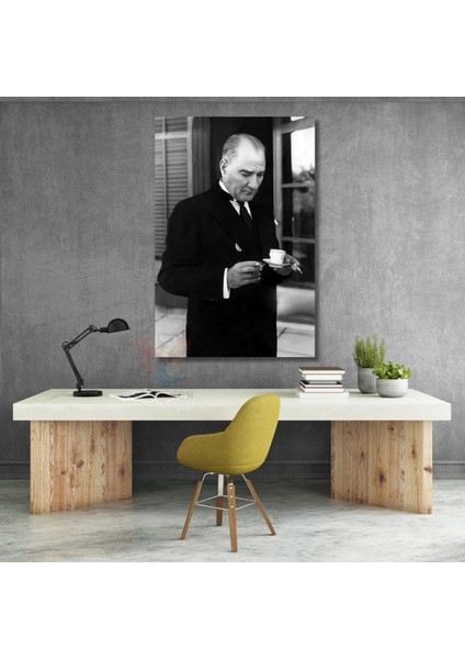 Dikey Kanvas Tablo Kahve Içen Atatürk Görseli Duvar Tablosu Ev Ofis Dekoru