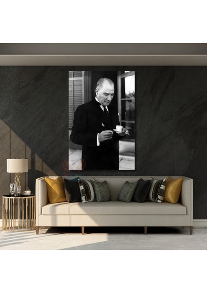 Dikey Kanvas Tablo Kahve Içen Atatürk Görseli Duvar Tablosu Ev Ofis Dekoru