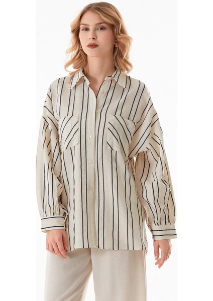 Çizgili Çift Cepli Oversize Keten Gömlek