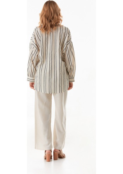 Çizgili Çift Cepli Oversize Keten Gömlek modelleri