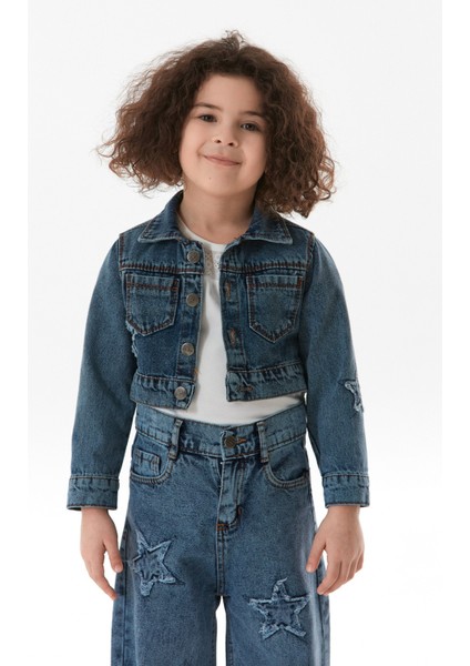 Yıldız Nakışlı Kız Çocuk Crop Kot Ceket