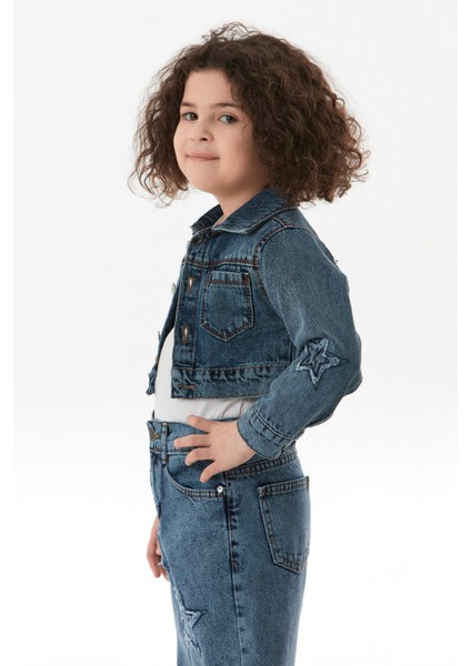 Yıldız Nakışlı Kız Çocuk Crop Kot Ceket