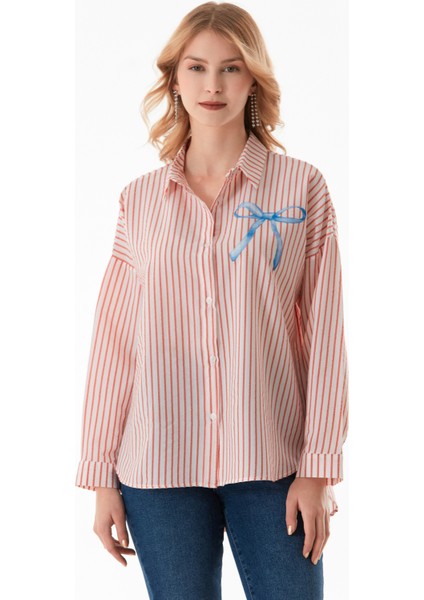 Çizgili Kurdele Baskılı Arkası Uzun Salaş Gömlek