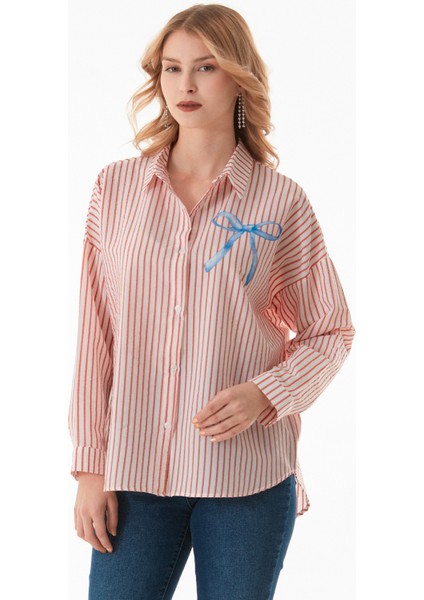 Çizgili Kurdele Baskılı Arkası Uzun Salaş Gömlek fiyatları