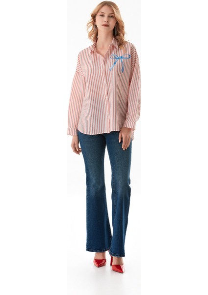 Çizgili Kurdele Baskılı Arkası Uzun Salaş Gömlek modelleri