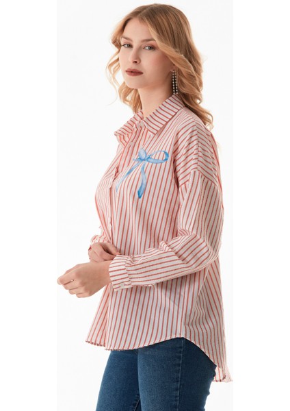 Çizgili Kurdele Baskılı Arkası Uzun Salaş Gömlek fırsatları