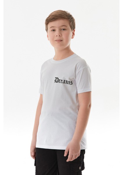 %100 Pamuk Dreams Yazı Baskılı Bisiklet Yaka Erkek Çocuk Tişört