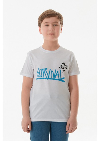 %100 Pamuk Survıval Yazı Baskılı Erkek Çocuk Tişört